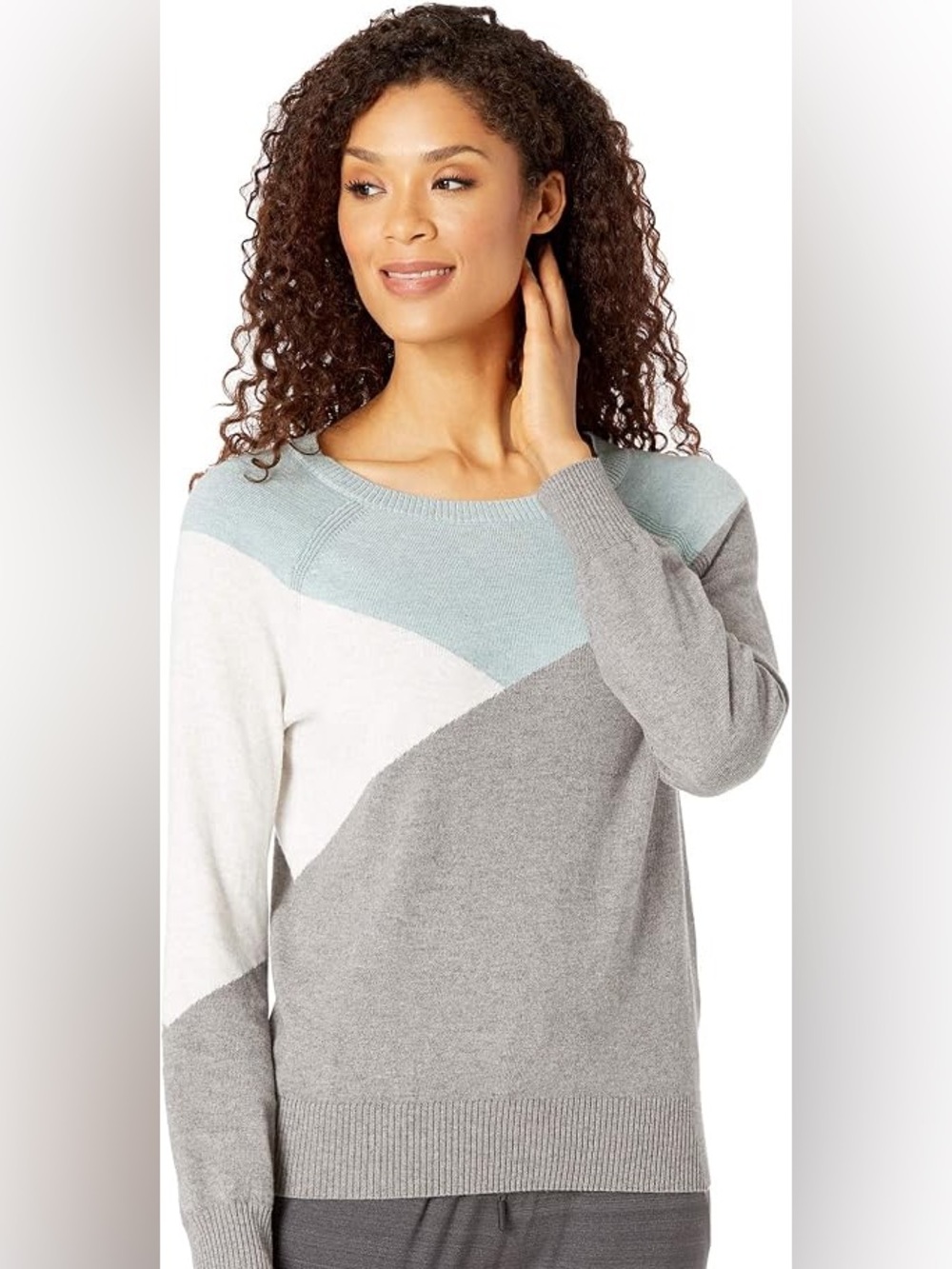 Prana Colorblock Crewneck Sweater in Light Blue, White & Gray